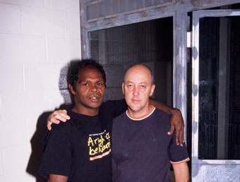 Richard Wanambi and Trevor Graham (director) </ BR> in a cell at the Supreme Court Darwin”></p>
<p class=