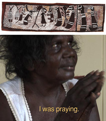 Incident at Mutpi, 1975, Nyapanyapa Yunupingu, bark painting and video still