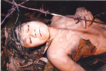 Bandung-based artist Kuncoro from JAKER, an underground art network ‘performing suffering’ at a community protest, Lampung, Sumatra Dec 2000