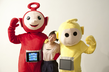 One World Exposition 2011: Li Zhenhua (left) and Ellen Pau (right) dressed as Teletubbies for the opening performance at Hanart Square, with Enrica Ho (middle)