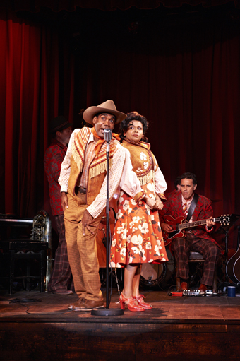 Trevor Jamieson, Ursula Yovich and David Milroy on guitar in his play Waltzing the Willara, Yirra Yaakin Theatre