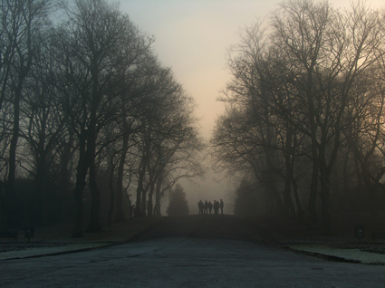 A throng of traffic wardens huddle together in a frozen Queens Park