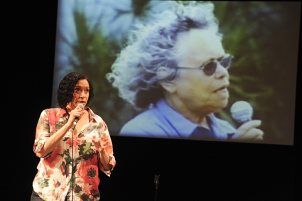 Rachael Maza, Erykah Kyle (screen), Beautiful One Day, Belvoir, version 1.0 & Ilbijerri Theatre Company