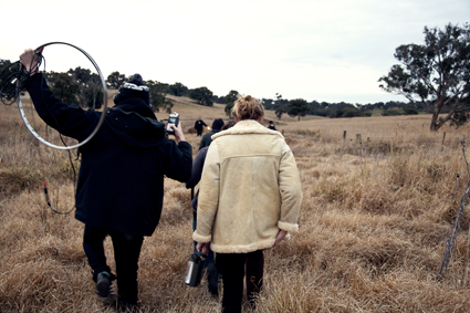 Participants in the field with their bike loop antennas during the Haines & Hinterding Fields of Frequency workshop, Wired Lab, July 2011, 