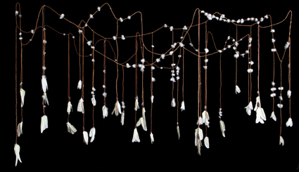 Frances Djulibing, Yukuwa (Feather string yam vine), 2013. Banyan tree bark, cockatoo feathers, beeswax. Museum of Contemporary Art, purchased 2013. Image courtesy and © the artist