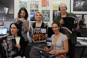 The RealTime team, 2014: standing, Virginia Baxter, Gail Priest, Keith Gallasch, seated Katerina Sakkas, Felicity Clark 