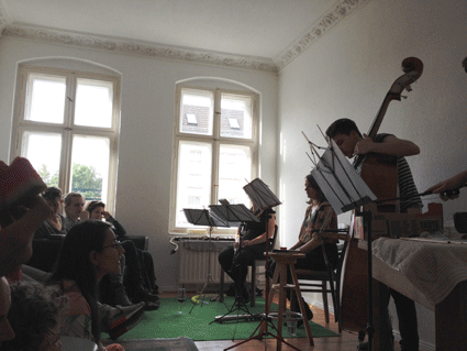 Rebecca Lane (flute), Aviva Endean (clarinet), Jonathon Heilbron (bass) and Matthias Schack-Arnott (percussion), Quiver, performing David Young's 'Not Even Music' in Berlin-Weissensee, 28 June 2014
