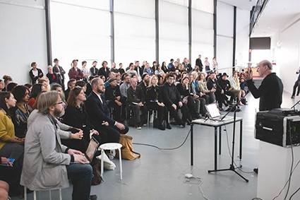 Stelarc and audience, keynote for NEAF