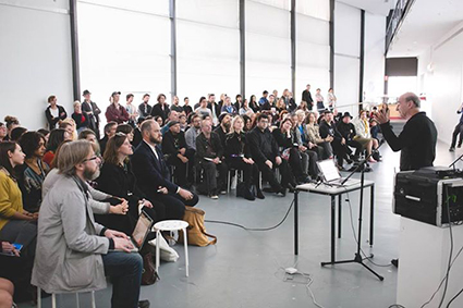 Stelarc and audience, keynote for NEAF