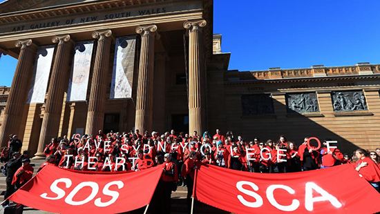 SCA students protest the merging of Sydney’s two university art schools outside the Art Gallery of NSW