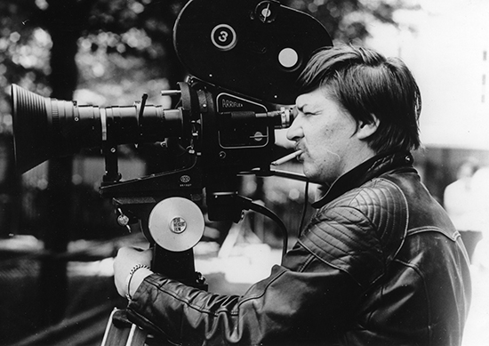 Rainer Werner Fassbinder on the set of Berlin Alexanderplatz, 1980