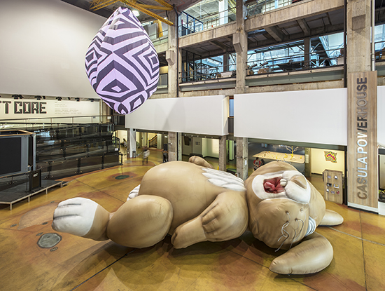 Floor: Jim McMurtry (2004), Michael Parekowhai; above: Brook Andrew’s The Weight of History, The Mark of Time, 2015, Soft Core, image courtesy Casula Powerhouse